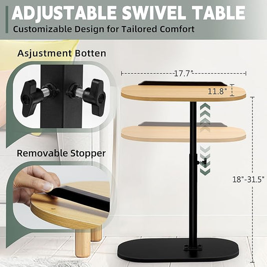 Aoligrace Adjustable Height C Shaped End Table, Small Side Table for Small Spaces Living Room Couch Sofa, 360° Swivel & Flip Top TV Tray Table(Wood)
