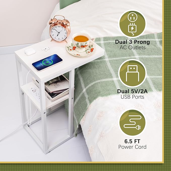 Yoobure C Shaped End Table with Charging Station, Small Side Tables for Living Room Bedroom, Sofa Table with USB Ports and Outlets for Small Spaces, Rustic Bed Side Table