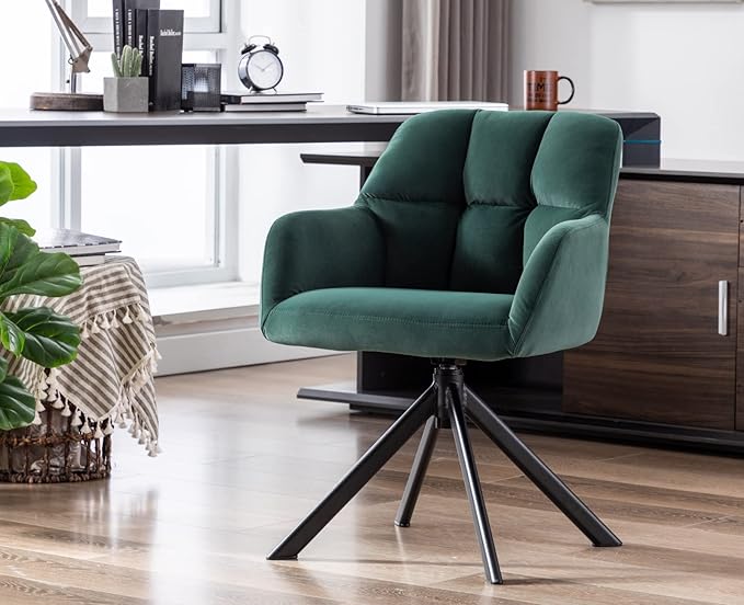 EALSON Comfy Velvet Desk Chair Modern Computer Task Chair no Wheels Swivel Accent Chair with Mid Back Arm Chair for Living Room/Bedroom/Home Office(Green)