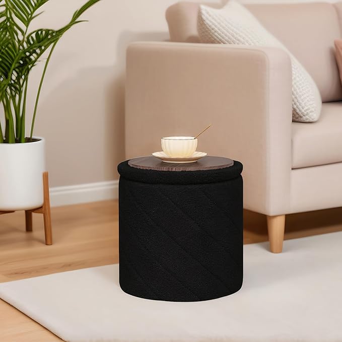 B FSOBEIIALEO Ottoman with Stroage, Boucle Round Storage Ottoman with Tray,Foot Rest Stool for Dorm Room, Living Room Black, 12.99"x12.99"x13.78"