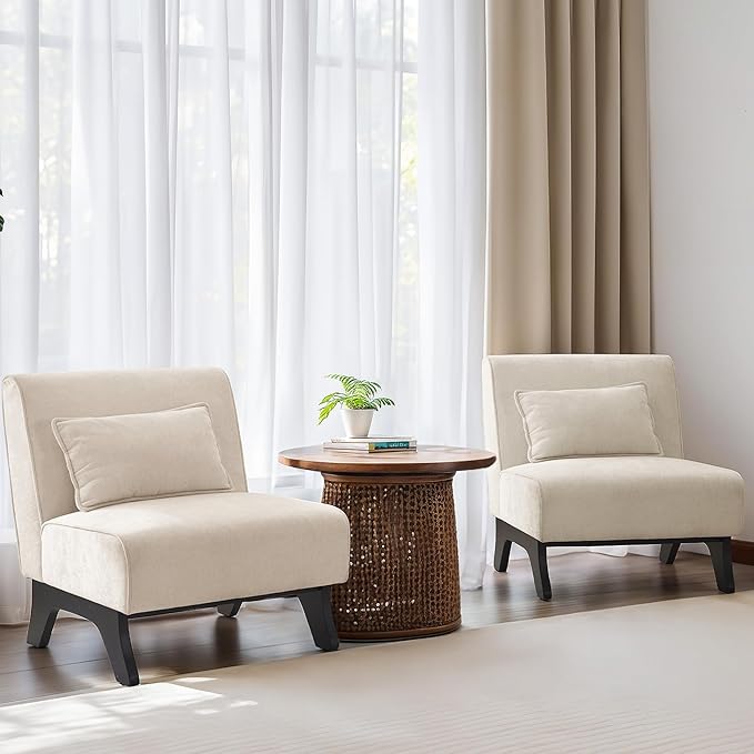 Set of 2 Upholstered Armless Accent Chair,Modern Comfy Living Room Chairs with Wooden Legs& Pillows,Lounge Sofa Side Chair for Bedroom Farmhouse Reading (Beige, 2 PCS)