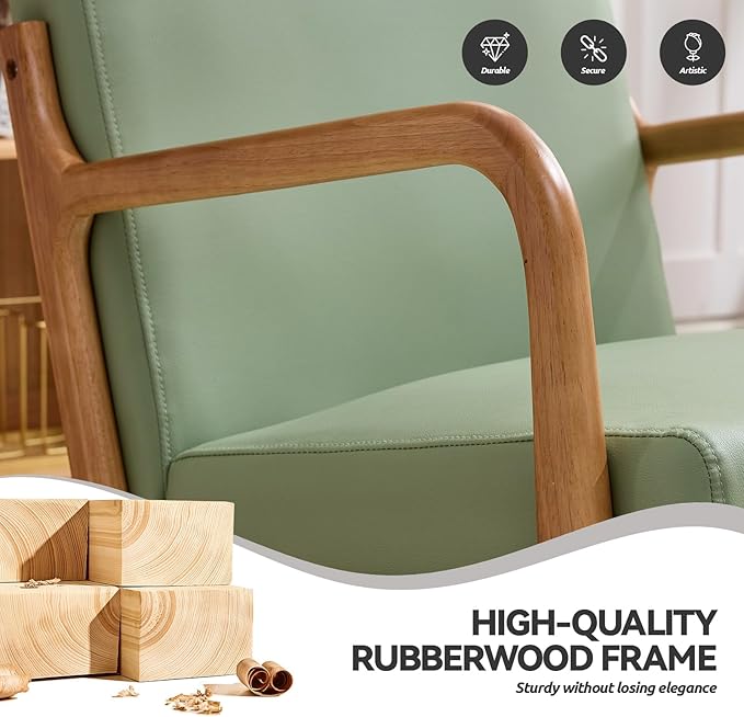 Mid Century Modern PU Leather Accent Chair, Living Room Chairs with Lumbar Pillow Boho Arm Chiar Reading Chair with Solid Wood Frame for Living Room Bedroom