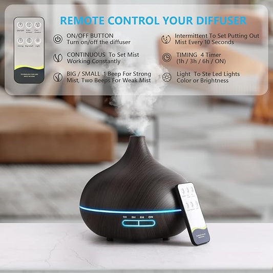 Diffusers for Essential Oils Large Room, 550ml Essential Oil Diffusers with Remote Control, Ultrasonic Oil Diffuser with Timer, 7 Colors Light for Bedroom