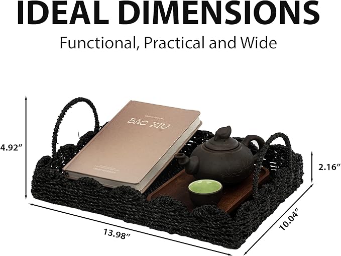 14" Handmade Wicker Tray with Scalloped Edge, Seagrass Basket with Handles, Decorative Boho Accent for Coffee Table or Ottoman, Holiday Serving