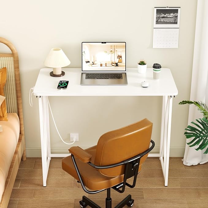 Foldable Desk, 31.5" Small Desk for Bedroom with Power Outlet, Space Saving Folding Computer Desk for Home Office, Easy Assembly, White