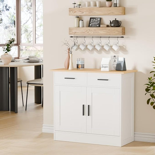 Buffet Cabinet with Storage - Buffets & Sideboards Kitchen Storage Cabinet, Wood Console Table Coffee Bar Accent Cabinets for Living Room Dining Room Entryway Small 2 Doors & Drawers, White 35.4"W