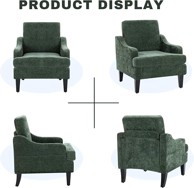 Accent Chair,Chenille Fabric Armchair for Living Room,Single Sofa Chair,Upholstered Chair for Bedroom with Wood Legs(Green,2Pack)