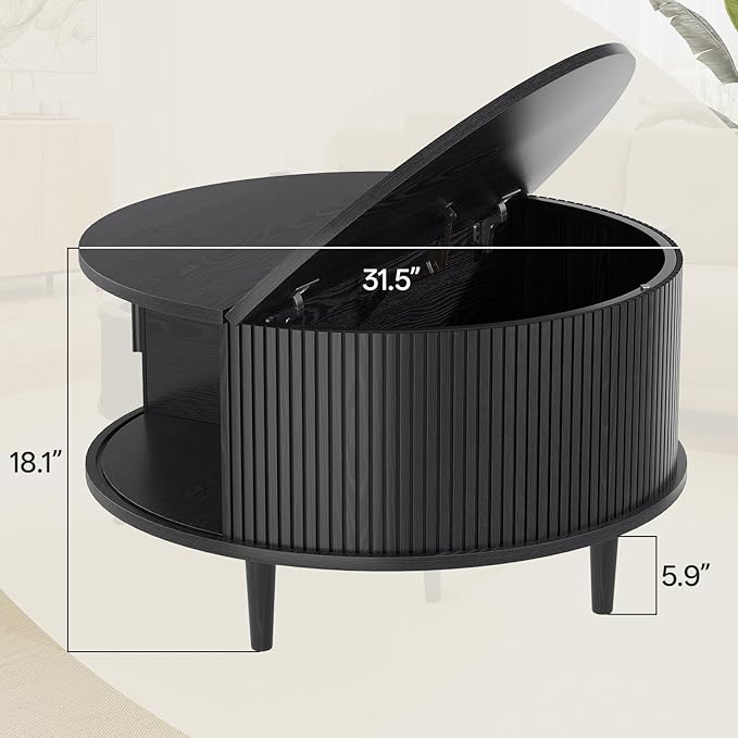 Mid Century Round Coffee Table, Fluted Center Table with Sliding Door, Modern Dining Table with Storage for Home Living Room Office, 31.5", Black