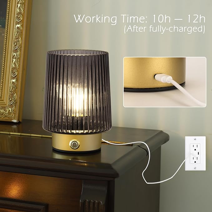 Cordless Lamp Rechargeable Battery Operated lamp, Glass Small Table lamp - Portable Dimmable Brightness Touch Wireless Bedside Lamp for Bedroom Kitchen Dining Home Living Room Decor Grey