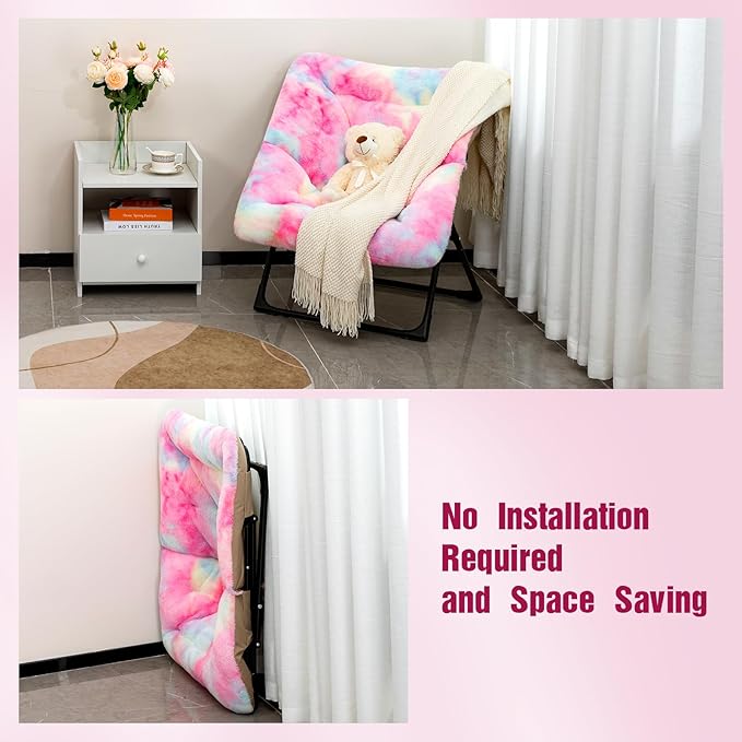 HollyHOME X-Large Saucer Chair, Comfy Oversized Folding Chair, Faux-Fur Reading Chair for Teens, Adults, Foldable Accent Lazy Chair, Metal Frame Lounge Chair for Living Room, Bedroom, Dorm, Colorful