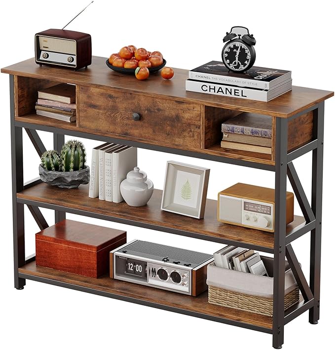 Mexin 39 Inch Console Sofa Table with Drawer, Entryway Table with Storage Shelves, Industrial Wood Hallway Table for Living Room Couch Foyer Kitchen Counter, Rustic Brown
