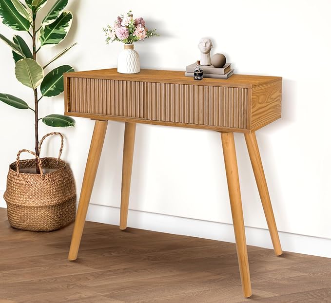 Console Table, Small Console Tables for Entryway，31" Vanity Desk Fluted Dresser Side Table, Brown Entry Table Narrow Console Table Modern Hallway Table Modern Sofa Table for Living Room(Brown)