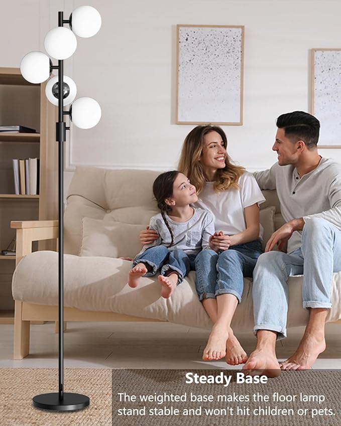 Lightdot 5-Globe Dimmable Globe Floor Lamp Black Standing Lamps with 5Pcs 3000K G9 Bulbs Stepless Brightness Adjustable Retro Mid Century Modern Floor Lamp with Stable Base for Living Room/Office