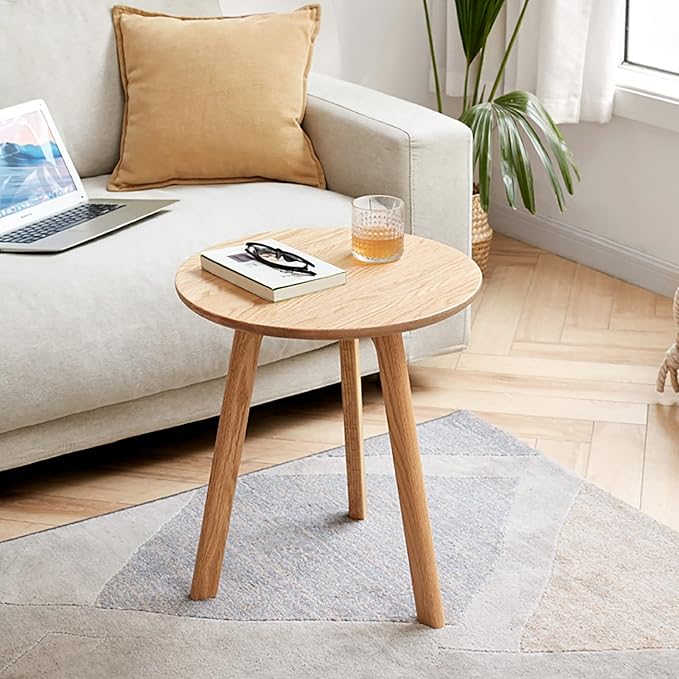 Modern Coffee Table,Solid Oak Round Side Table with 3-Legs & Non-Slip Pads,Easy Assembly Wood End Tables/Nightstand for Living Room,Bedroom,Home,Office,16.96" H Natural