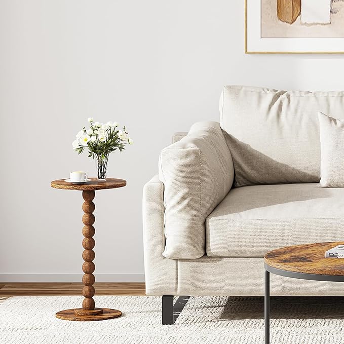 Round Side Table, Small Drink Table for Small Spaces, Pedestal End Table for Living Room, Modern Accent Nightstand with Solid Wood Leg for Bedroom, Corners and Office Brown Color UTBT005F