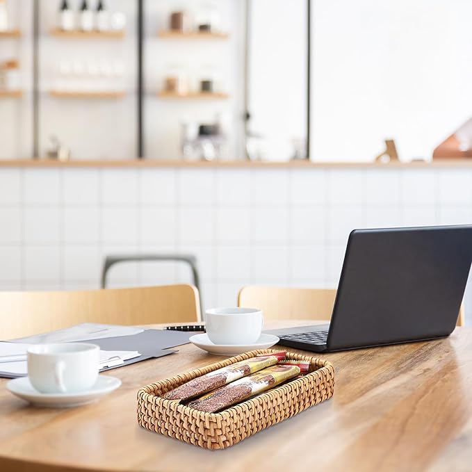 BTSKY Small Remote Basket for Coffee Table Entryway Living Room Rattan Serving Tray 8.3” x 4.7” Handwoven Wicker Baskets Decorative Tray for Wallet Remote Control Trinkets Rings Cosmetics Crackers