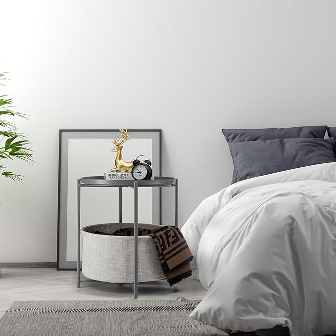 danpinera Round Side Table with Fabric Storage Basket, Metal Side Table Small Bedside Nightstand with Removable Tray Top for Living Room, Bedroom, Nursery, Laundry, Gray