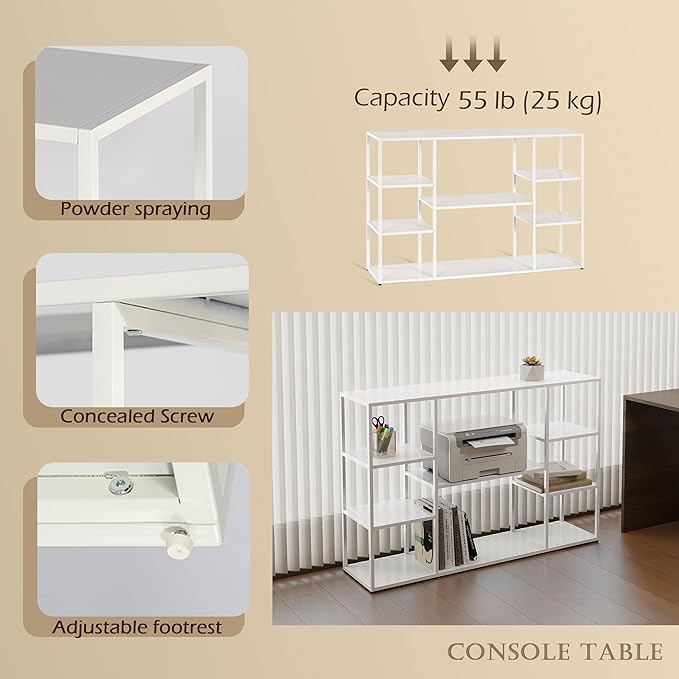 47 Inch Metal Console Table with 8 Storage Shelves,Extra Long Entryway Table,Narrow Sofa Table,Hallway Table for Entrances to Corridor,Foyer,Living Room (White, 47.24×11.81×31.5in)