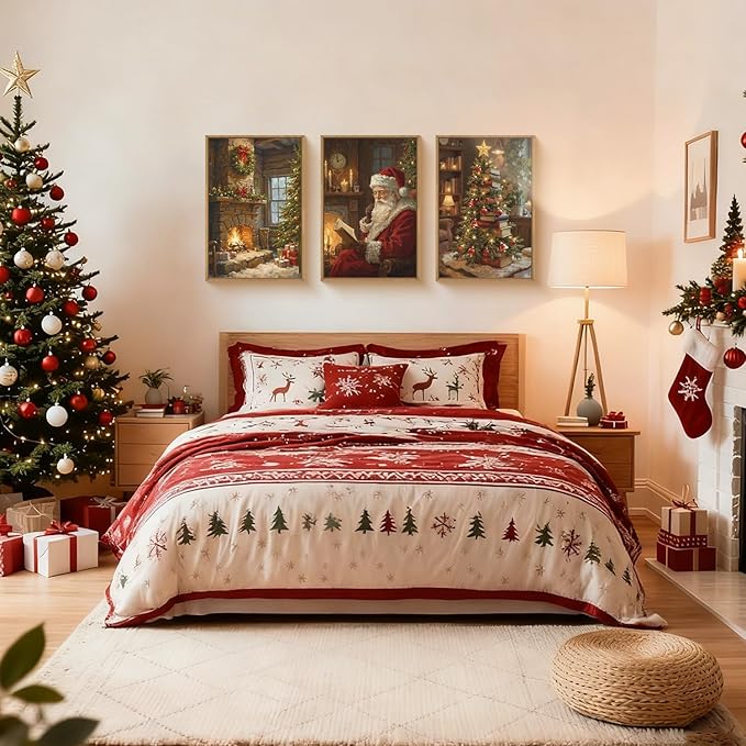 BICERE Large Vintage Christmas Framed Canvas Wall Art Set,Santa Reading Book Wall Decor,Retro Xmas Tree Art Prints,Snowy Winter Fireplace Artwork for Living Room,Bedroom,Farmhouse -24"x36"x3