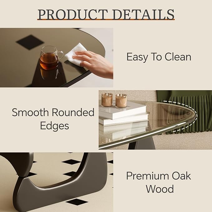 Coffee Table for Living Room Mid Century Modern Center Table with Glass Top and Wood, Transparent/Black