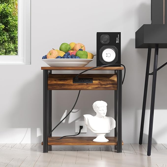 Night Stands Set of 2, Small End Tables with Charging Station, Small Side Tables for Living Room, Bedside Tables with 2-Tier Storage Shelf, Nightstand with Outlets and USB Ports, Rustic Brown/Black