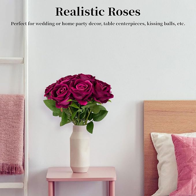 10 PCS Artificial Roses with Long Stems Silk Flowers Realistic Foam Flowers Fake Roses for Valentine's Day Home Wedding Halloween Decor(Rose Red)