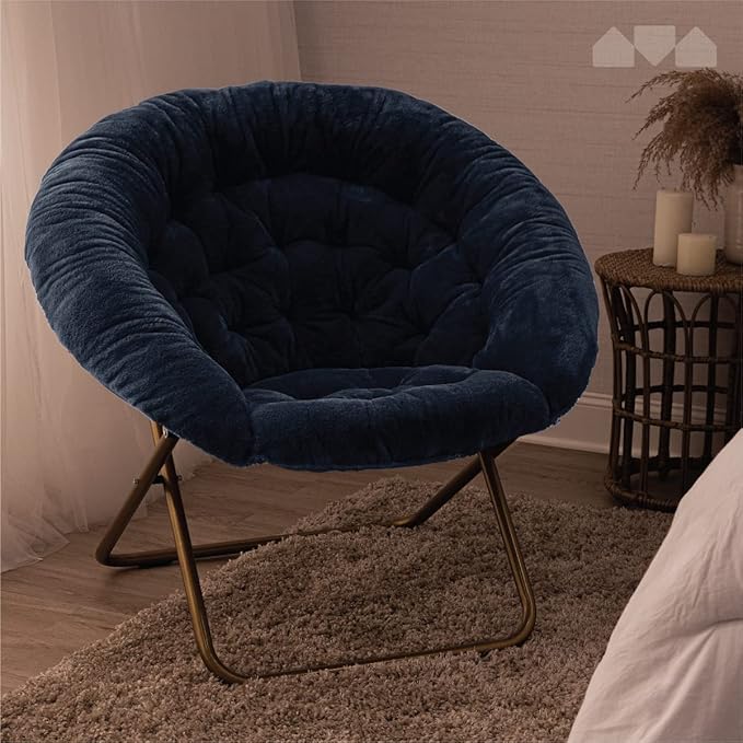 Milliard Saucer Chair For Adults, Teens & Kids, Navy Blue, Faux Fur XL Circle Chair for Bedroom, Dorm & Gaming, Foldable Comfy Accent Seat for Small Spaces, Folding Moon / Mushroom / Round Style