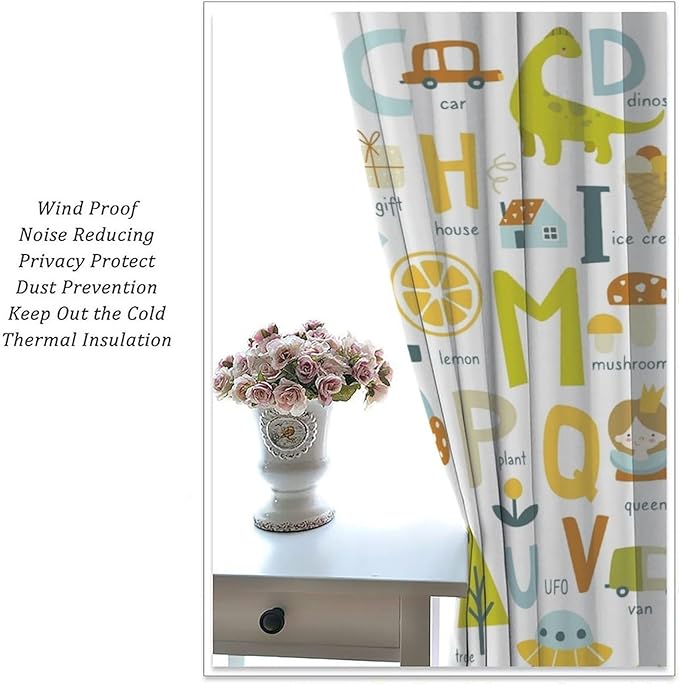 BAEKJIN Kids Alphabet Curtains，Catoon Animals Pattern Print Decor Window Drapes for Bedroom Living Room 42x45 Inch