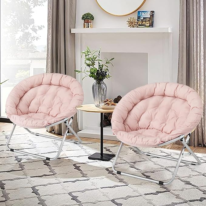 Athena Collection Comfy Saucer Chair, Folding Oversized Cozy Chair for Bedroom Living Room Fabric Reading Chair, Foldable Metal Frame Round Lazy Chair Moon Chair for Adult Set of 2, Pink
