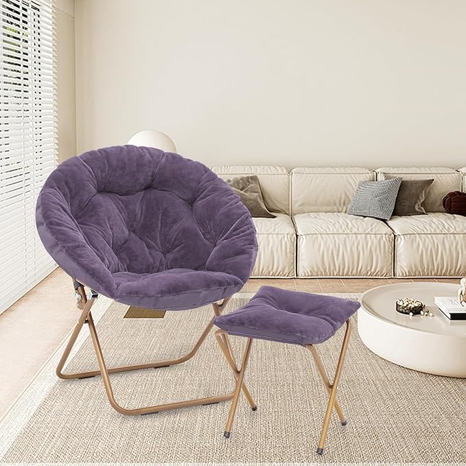 Athena Collection Saucer Chair with Ottoman - Modern Foldable Round Cozy Chair - Purple Faux Fur - 300 lbs Capacity - Ideal for Bedroom, Living Room, Gaming, Reading, Camping