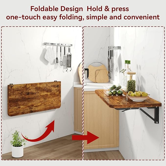 IBUYKE Wall Mounted Folding Table, Floating Wall Desk for Small Spaces, Fold Down Laundry Shelf with Heavy-Duty Brackets, Wall Table for Home Office/Bar/Kitchen/Dining, Rustic Brown UTVT005H