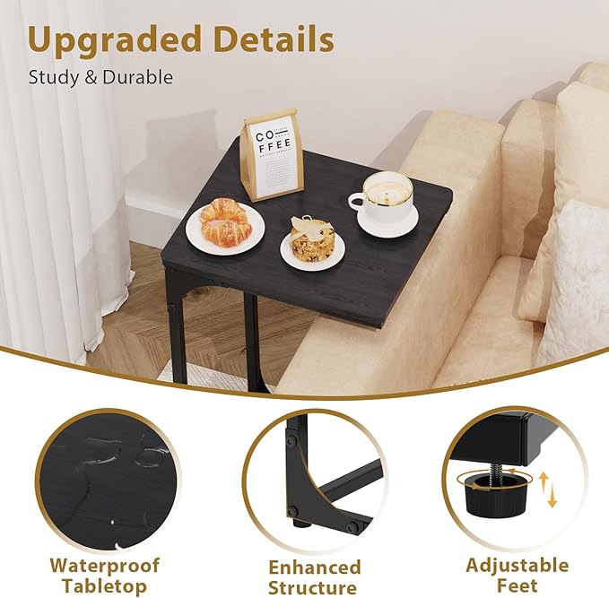 Narrow C Shaped End Tables Living Room TV Trays Set of 2, Small Thin Modern Side Table Skinny Slide Under Couch Tray Tables for Sofa Bedroom Small Space 11.8 inch Width, Black