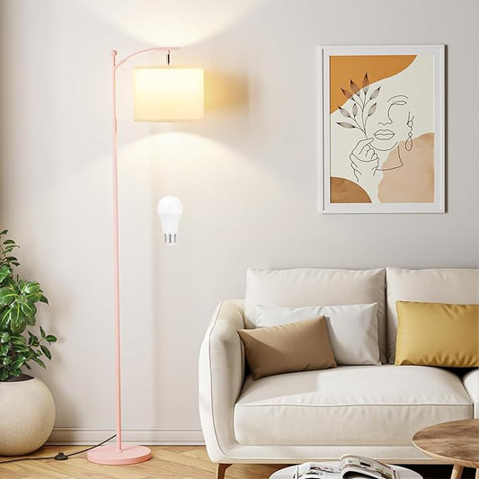 60" Floor Lamps for Living Room with 3 Color Temperatures, Adjustable White Shade with Pink Pole, Tall Lamps for Living Room Bedroom Office Classroom Dorm Room, 9W Bulb Included