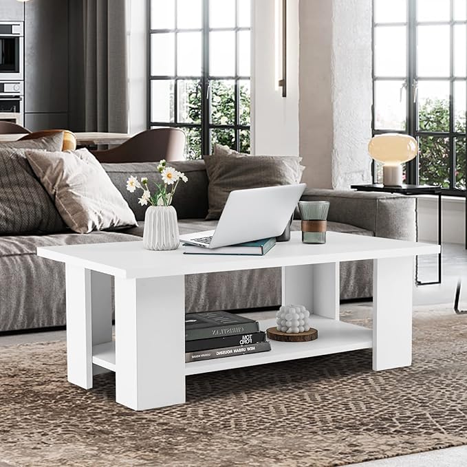 Tangkula 2-Tier Coffee Table, Modern Rectangular Center Cocktail Table with 5 Support Legs, Wooden Accent Living Room Furniture, Small Coffee Table for Small Spaces, Easy Assembly (White)