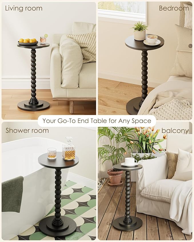 Masupu Round Side Table, Small End Table for Small Spaces, Pedestal Drink Table with Solid Wood Leg for Living Room, Bedroom, Corners(Black)