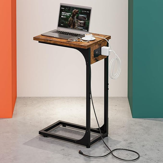 C-Shaped Side Table for Couch - Small Coffee Stand Sofa Tray Desk with Metal Frame Waterproof Scratch Resistant Wood Top and Built-in Charging Station, Rustic Brown