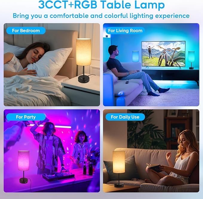 Unicozin Table Lamp, 3 CCT 3000K/4500K/6500K & RGB Color Changing, Stepless Dimmable, 17Inch Bedside Lamp for Reading, Ambience Nightstand Light for Home Decor Party, Beige Shade