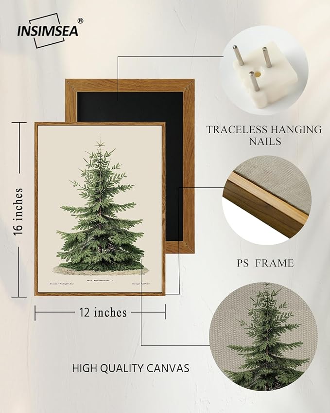 InSimSea Framed Canvas Wall Art, Vintage Christmas Decor, Living Room Pine Tree Winter Artwork, Botanical Fir Decor for Bedroom Bathroom, Cottagecore Xmas Holiday Decorations Gifts, 12x16 Inch
