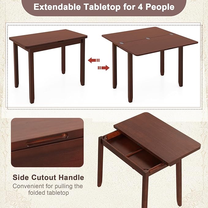 GOFLAME Extendable Dining Table for 4, Folding Kitchen Table with Storage Compartment & Rubber Wood Legs, Space-Saving Dinner Table for Living Room, Kitchen, Dining Room, Small Space, Cherry Brown