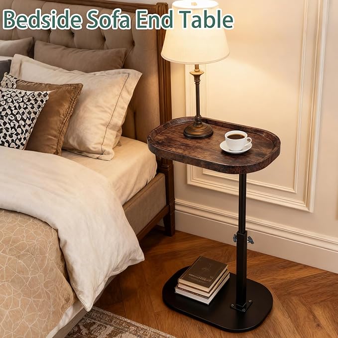 Adjustable C Shaped Side Table, C Table End Tables with Wheels for Sofa, 360° Swivel Sofa Tables for Livingroom,Bedroom,Study and Small Spaces (Vintage Brown)