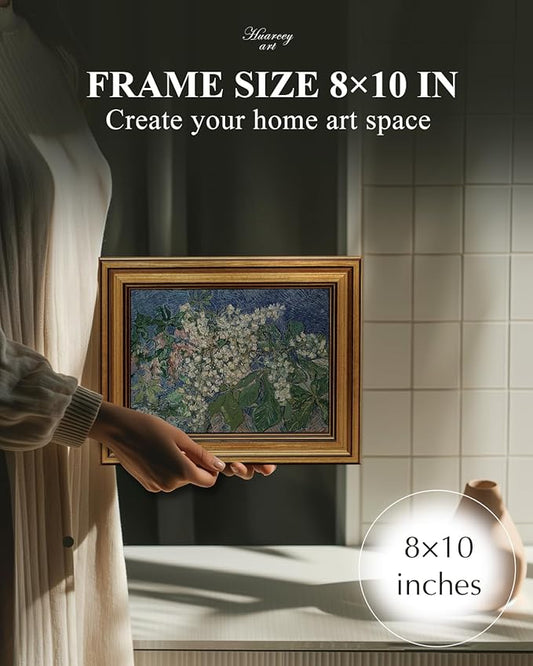 HUARCEY Gold Framed Vintage Wall Art for Living Room, Flowers Painting Canvas Prints Shelf Decor for Kitchen, Van Gogh Bedroom Wall Art, Christmas Gifts for Friends or Family ( Chestnut Branches 8"x10" )