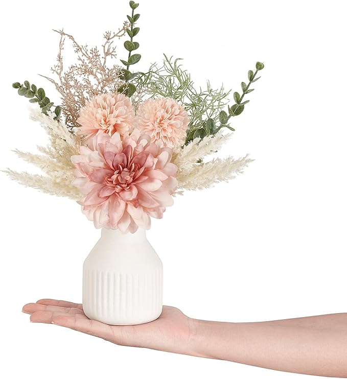 Mkono Small Artificial Flowers in Ceramic Vase 13.5" Centerpieces Coffee Table Decor, Silk Flower Arrangements for Home Decor Indoor Fake Flower Bouquet for Bathroom Dining Room Kitchen Wedding Pink