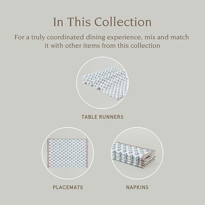 Over&Back Set of 4 Hand-Blocked Placemats - Colorful Dining Table Mat - Each Placemat is Unique - 100% Cotton - Machine Washable - Kitchen and Home Decor - Blue Blossom