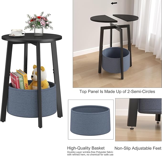 Small Round Side End Table with Cloth Storage Basket, Round Bedside Sofa Couch Coffee Tables for Small Places with Metal Frame, Modern Nighstands for Living Room Bedroom, Black