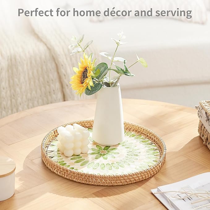 Rattan Tray with Mother of Pearl Inlay, Round Rattan Serving Tray with Wooden Base, Decorative Wicker Basket for Table Decor, Mosaic Tray for Storage and Display of Jewelry Coffee Food (Emerald green)