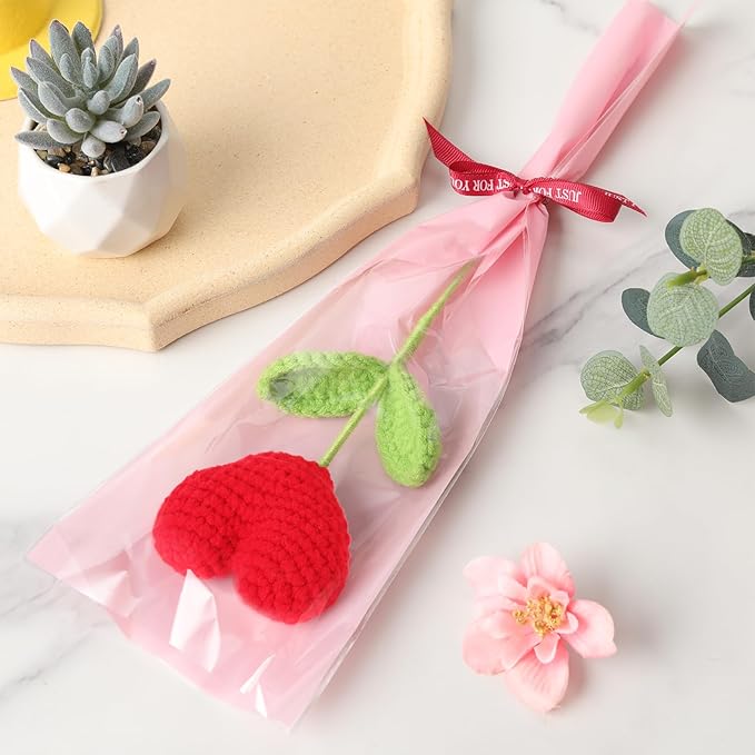 Hand-Crocheted Heart Flower Doll Bouquet - DIY Knitted Desk Decor, Romantic Gift for Girlfriend Valentine's Birthday Anniversary, Home Office Decoration