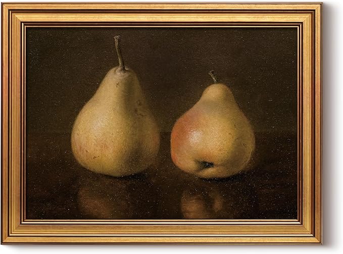 HUARCEY Gold Framed Vintage Wall Art for Living Room, Pear Fruits Painting Prints Shelf Decor for Kitchen, Aesthetic Bedroom Wall Art Decor, Christmas Gift for Friends or Family (Two Pears 12"x16")