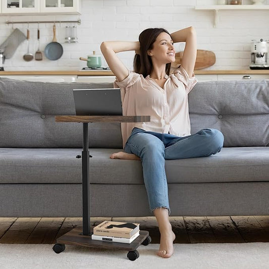 C Shaped End Table Adjustable Height, Couch Tables That Slide Under with Wheels, 360° Swivel C Side Table for Couch, Sofa, Living Room, Bedroom, Small Spaces (Walnut Veneer)