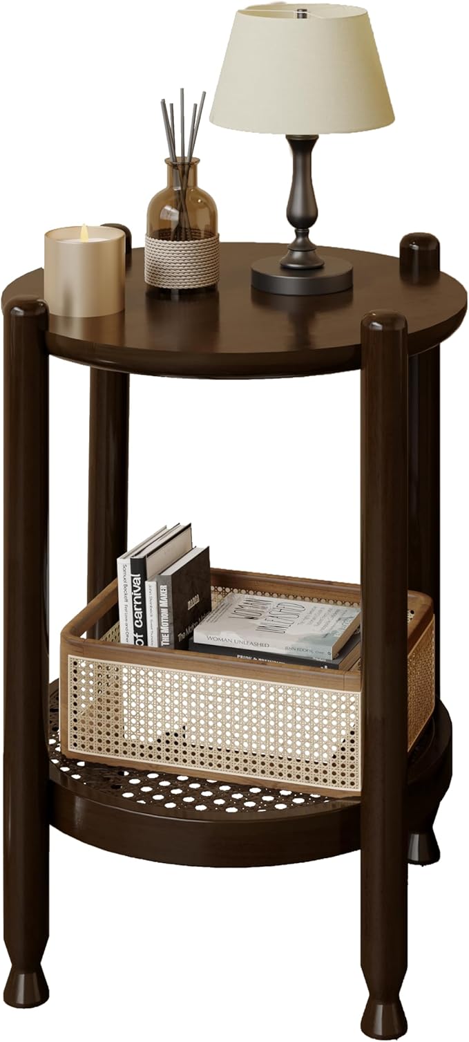 NSdirect Round End Table for Living Room, 2-Tier Rustic Wood Center Table for Home Decor with Boho Woven Rattan Storage Shelf | Modern Farmhouse Design, Easy Assembly, Black Brown