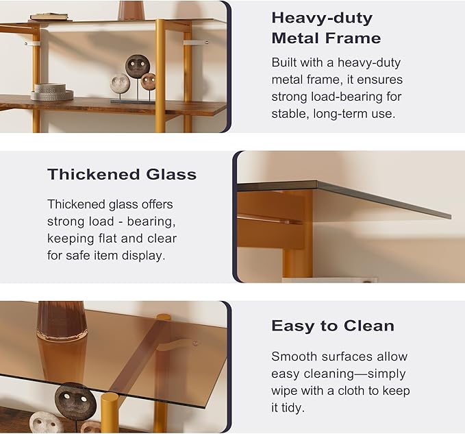 Glass Sofa Table, Mid-Century Modern Entryway Table with Tempered Glass & Golden Legs, 2-Tier Behind Couch Table for Living Room Hallway Entrance, Brown